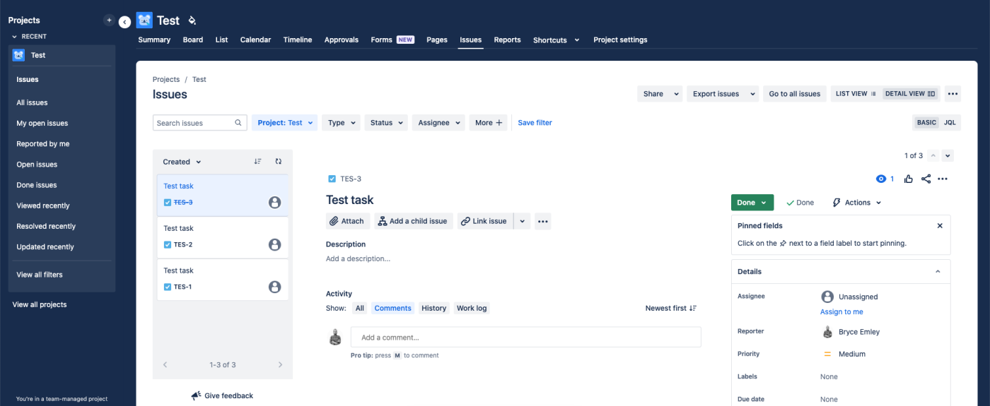 Screenshot of Jira's task editor, showing where you can add a decription, relevant attachments, comments, and more to each task