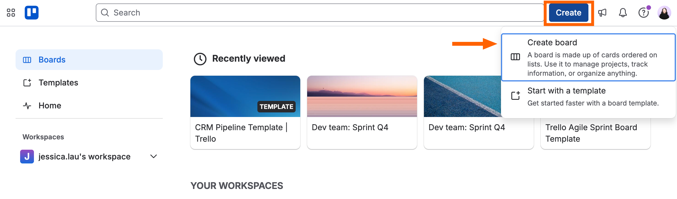 Expanded view of the create option menu in Trello with an arrow pointing to create board.