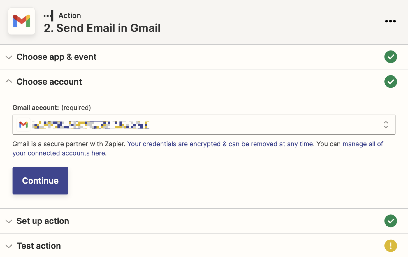 A Gmail account selected in the Gmail account field.