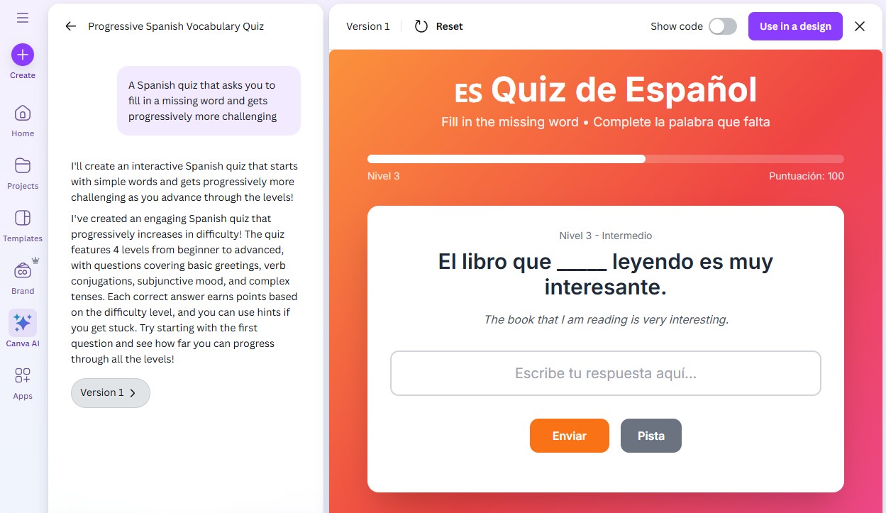 The language learning quiz Ryan built on Canva AI