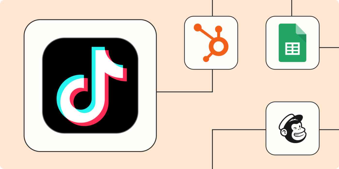 The logos for TikTok, HubSpot, Google Sheets, and Mailchimp.