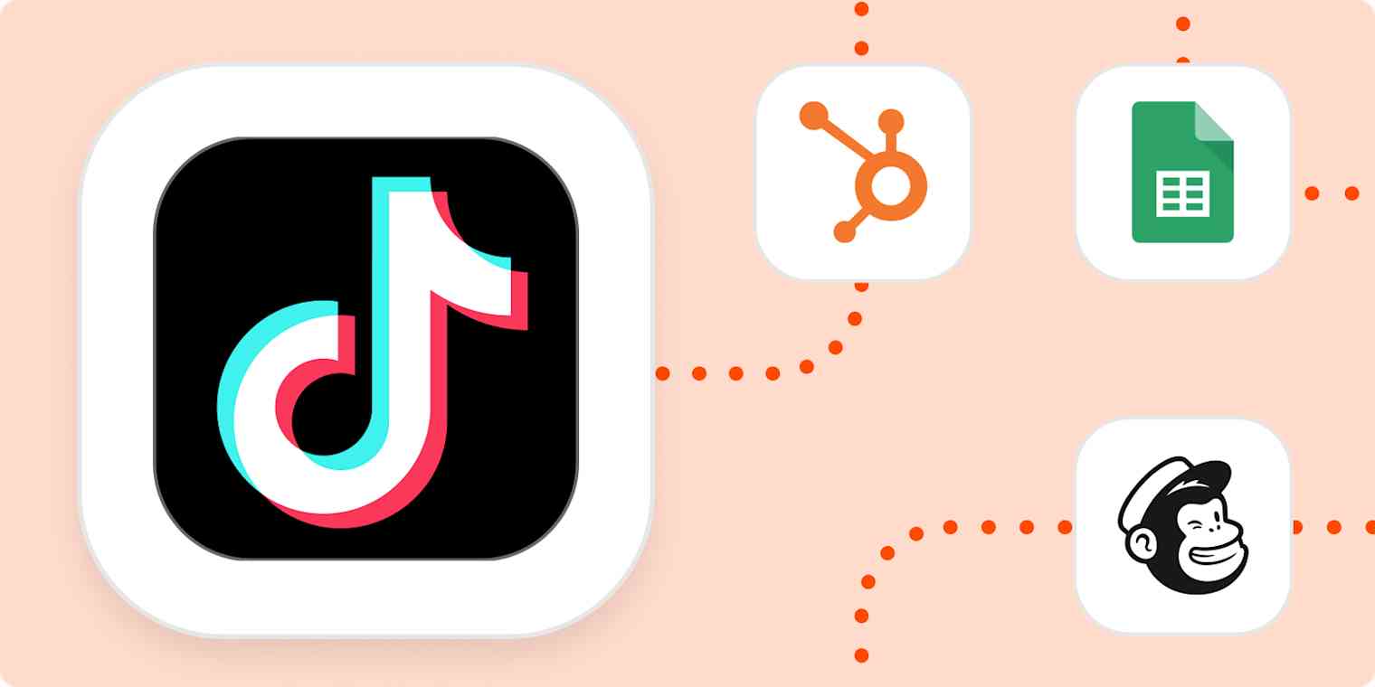 automation-inspiration-00-tiktok-hubspot-sheets-mailchimp Les logos pour TikTok, HubSpot, Google Sheets et Mailchimp.