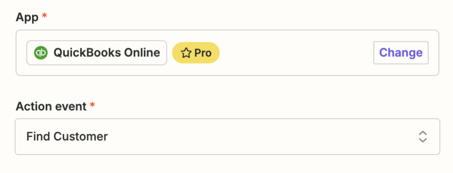 In the Zap editor, QuickBooks Online is selected as the app, and "Find Customer" is the action event.
