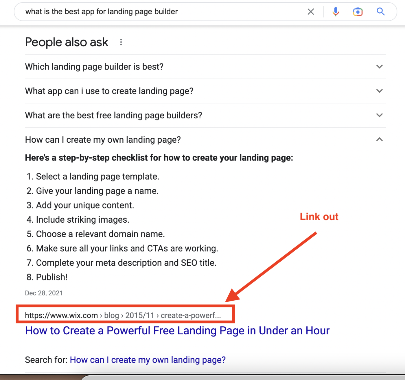 SERP for "what is the best app for landing page builder" (link out from PAA)