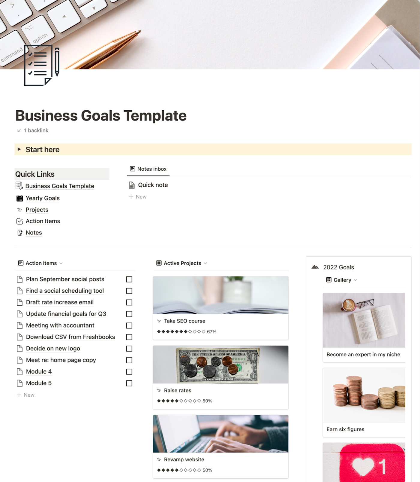 Notion goals template dashboard page