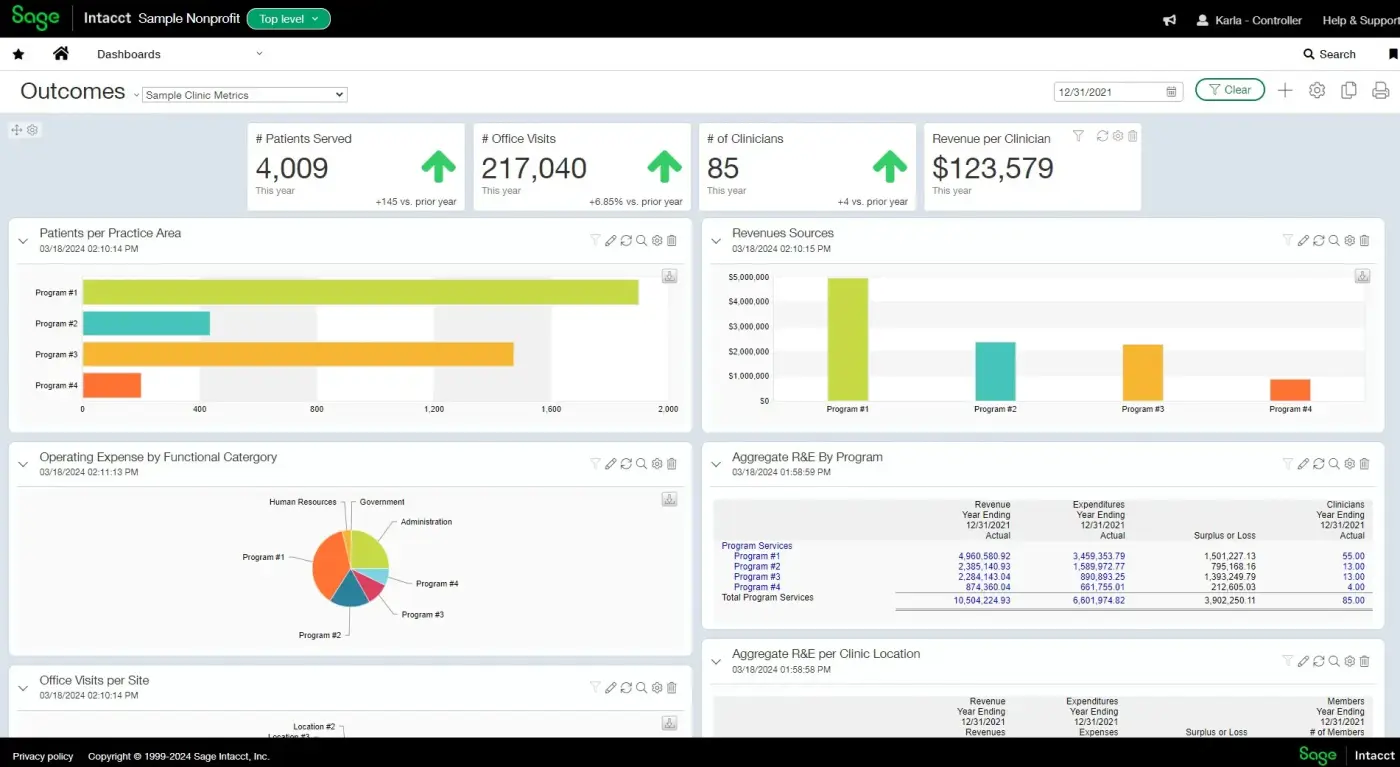 Screenshot of Sage Intacct ERP role-based dashboard.