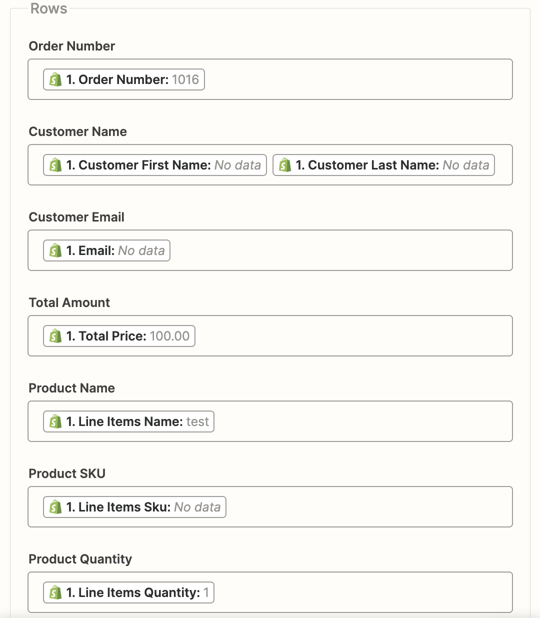 Each field in the Google Sheets step is mapped with matching data from the Shopify trigger step