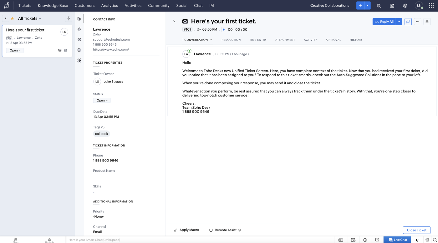 Screenshot of a ticket in Zoho Desk.
