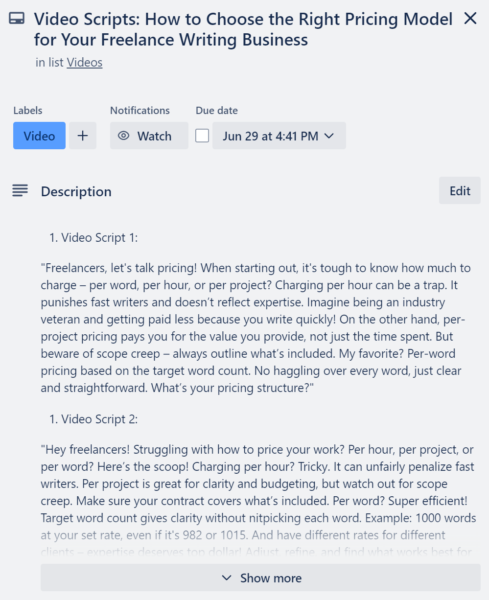 A trello card with video script copy added to the Description field, which was written by ChatGPT.
