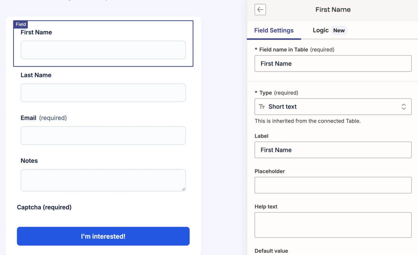 Screenshot of first name field settings