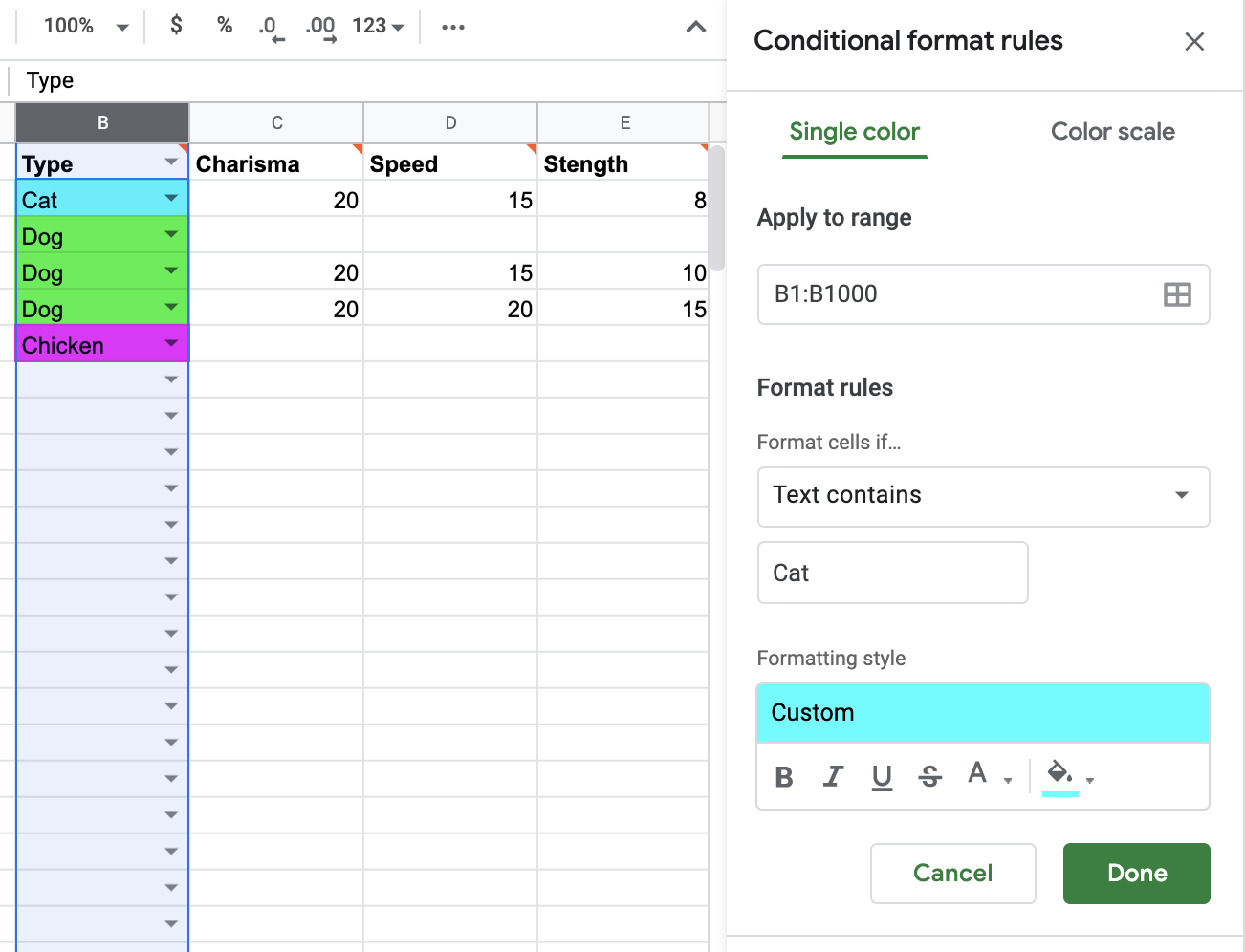 Setting up conditional formatting rules in Google Sheets