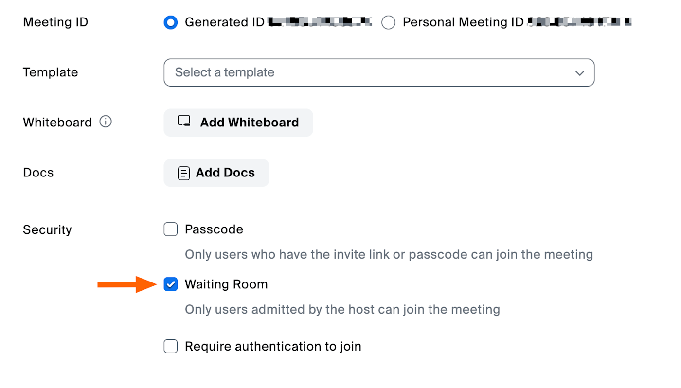 Security settings of a new Zoom meeting. 