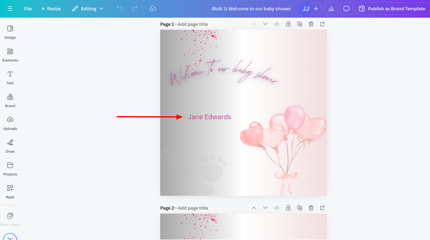 Preview of a design in Canva with text that's automatically been updated using bulk create. 