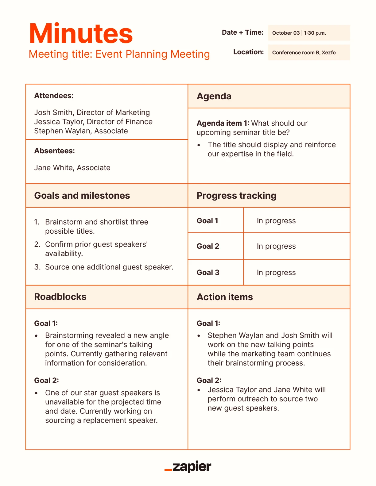 Mockup of a detailed meeting minutes template.