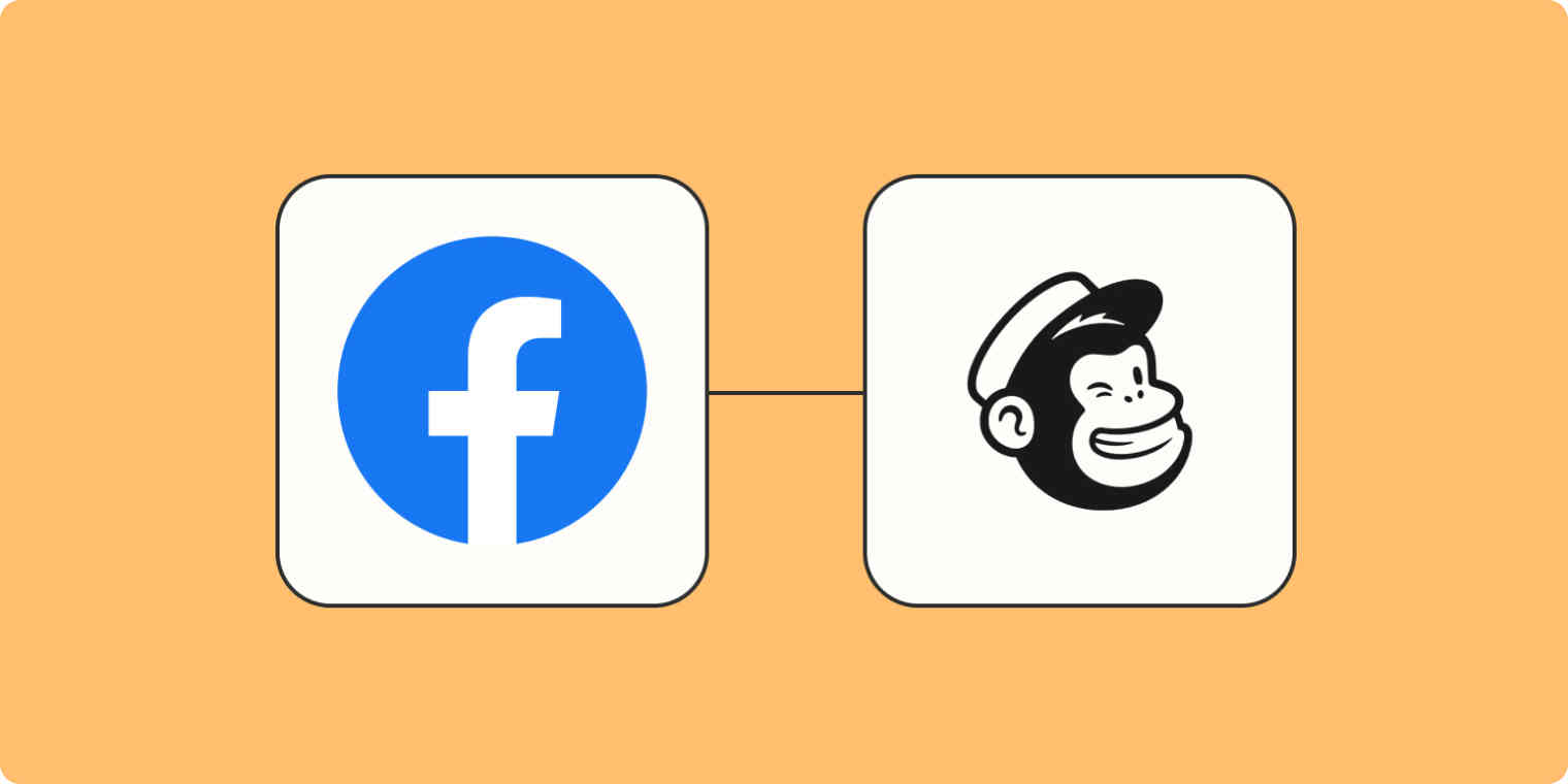 Hero image of the Facebook Lead Ads app logo connected to the Mailchimp app logo on a mustard background.