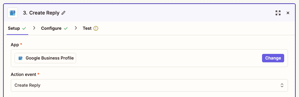 An action step in the Zap editor with Google My Business selected for the action app and Create Reply selected for the action event.