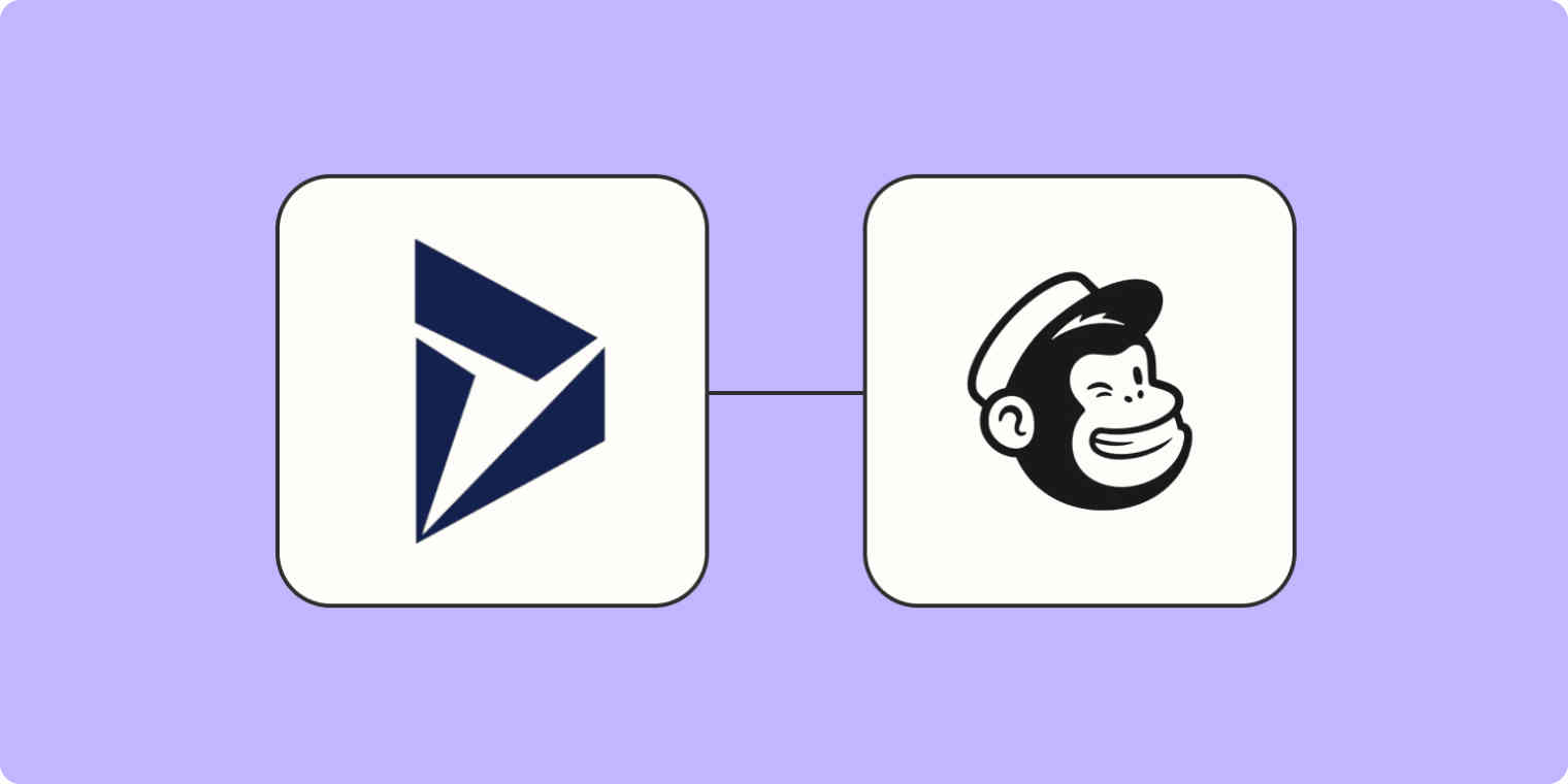 Hero image with the Microsoft Dynamic app logo connected to the Mailchimp app logo on a light purple background.