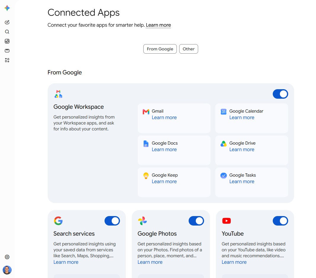 The Connected apps toggles in Gemini