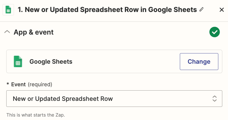 A trigger step in the Zap editor with Google Sheets selected for the trigger app and "New or Updated Spreadsheet Row" selected for the trigger event.