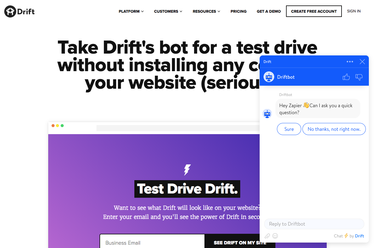 Screenshot of Drift's website with an Intercom chat pop-up in the lower right corner