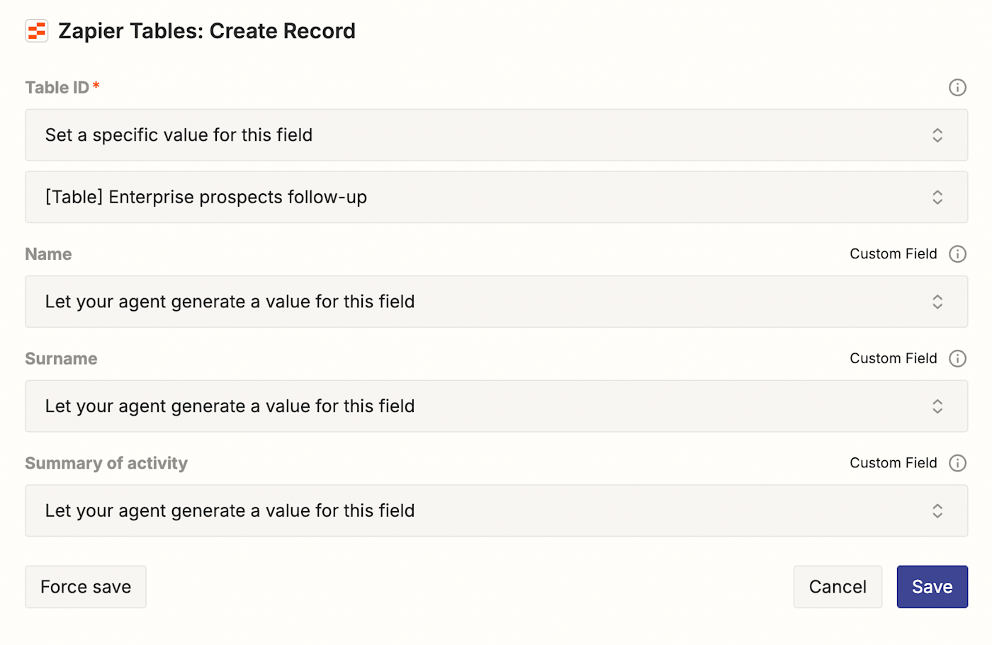 Screenshot of Tables records