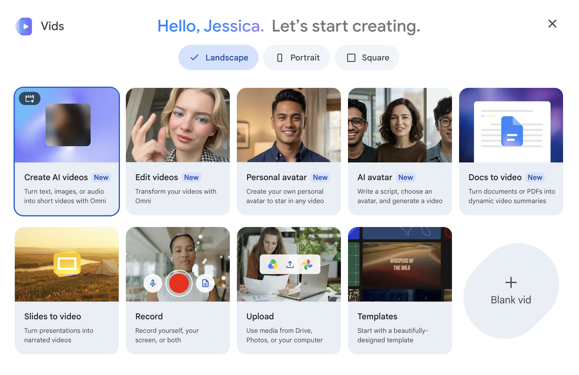 Welcome screen in Google Vids with different options to create a new video. 