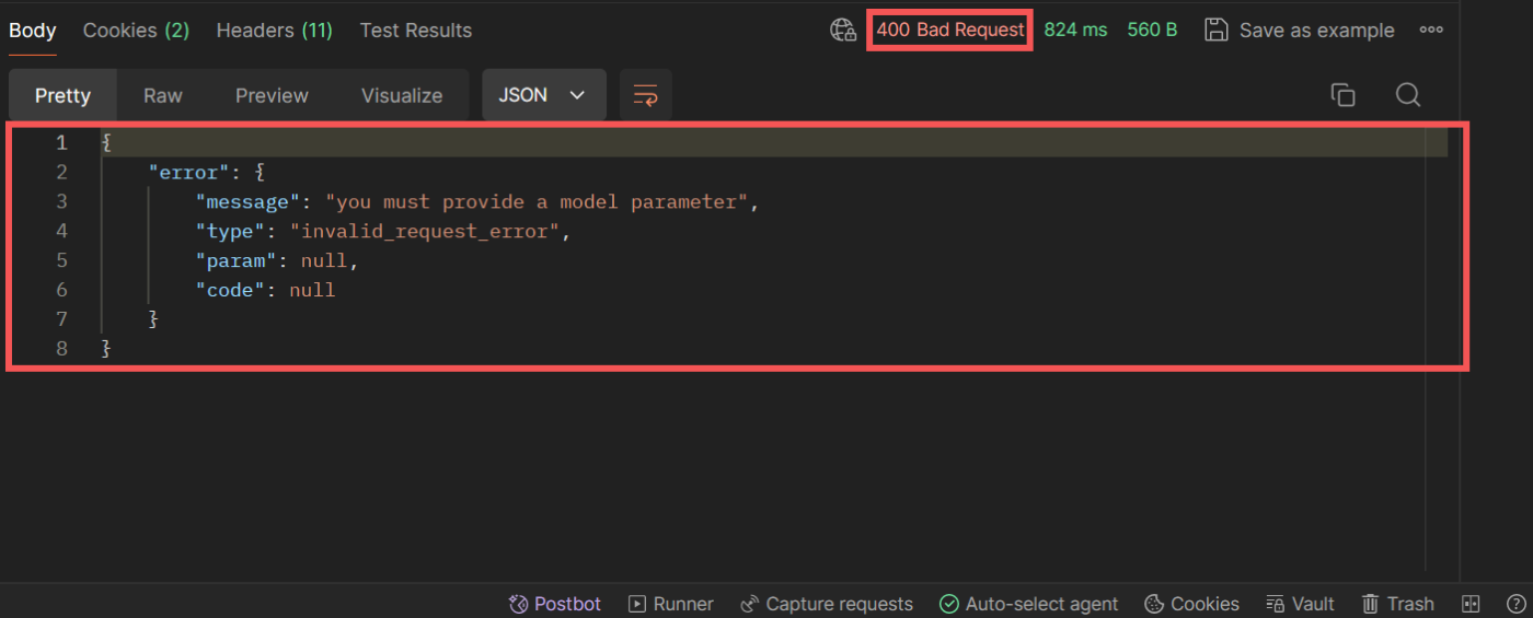 The 400 Bad Request error in Postman when trying to make an API call