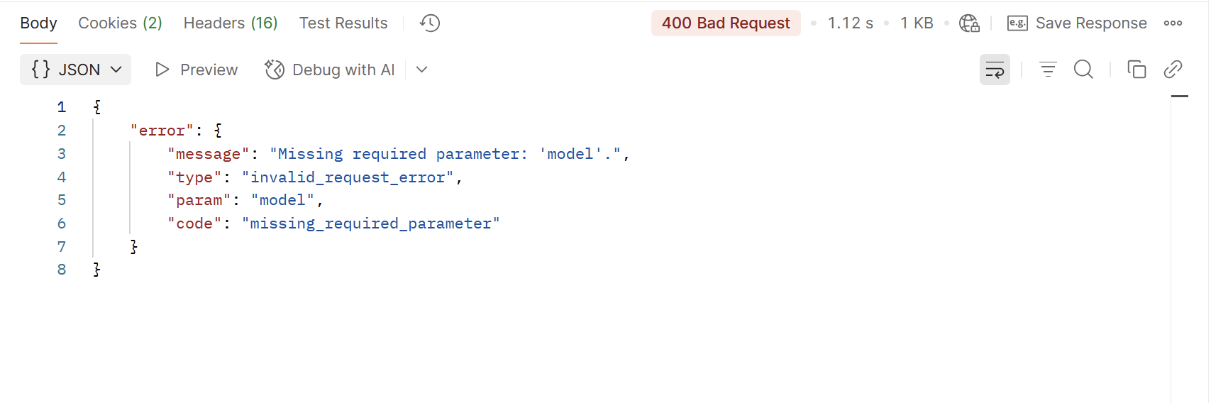 The 400 Bad Request error in Postman when trying to make an API call