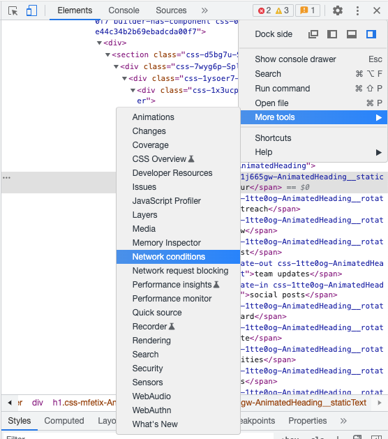 Screenshot of the writer navigating to Network conditions