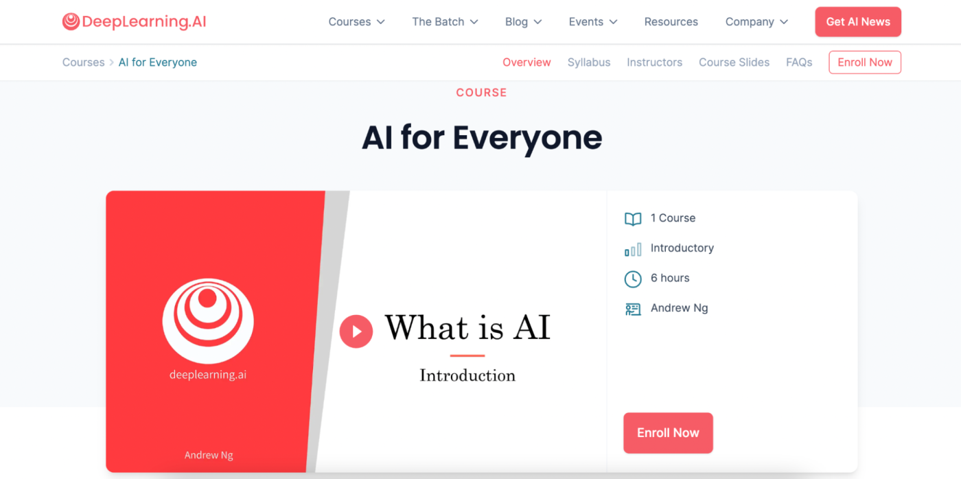 The homepage for AI for Everyone, one of the best AI courses