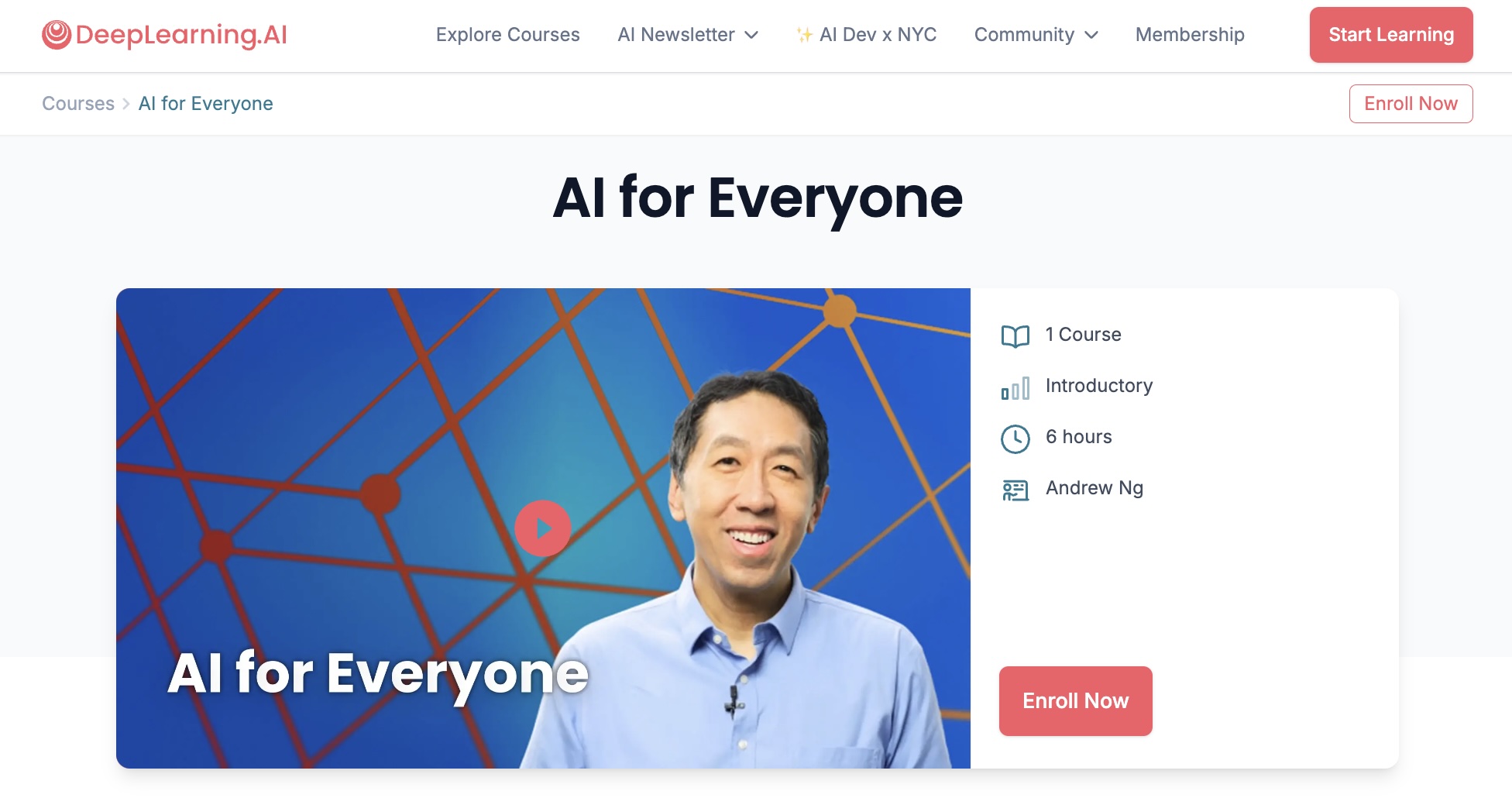 The homepage for AI for Everyone, one of the best AI courses