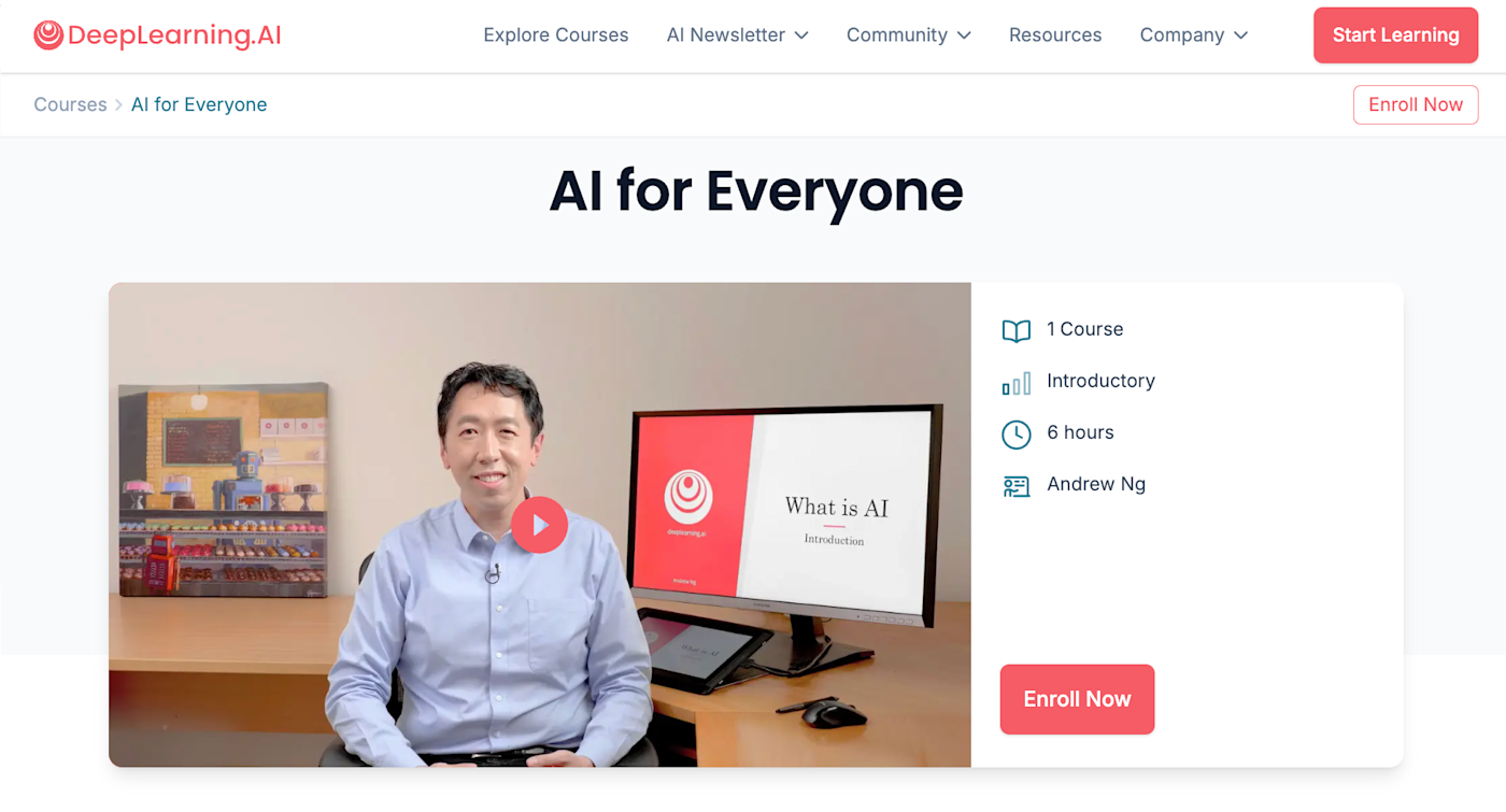 The homepage for AI for Everyone, one of the best AI courses