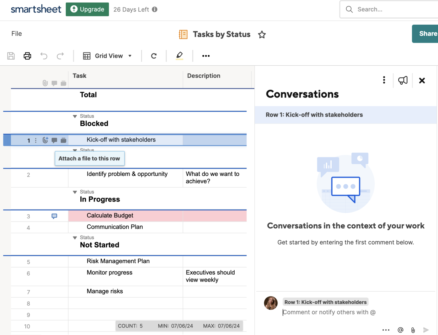 Task-specific conversation in Smartsheet