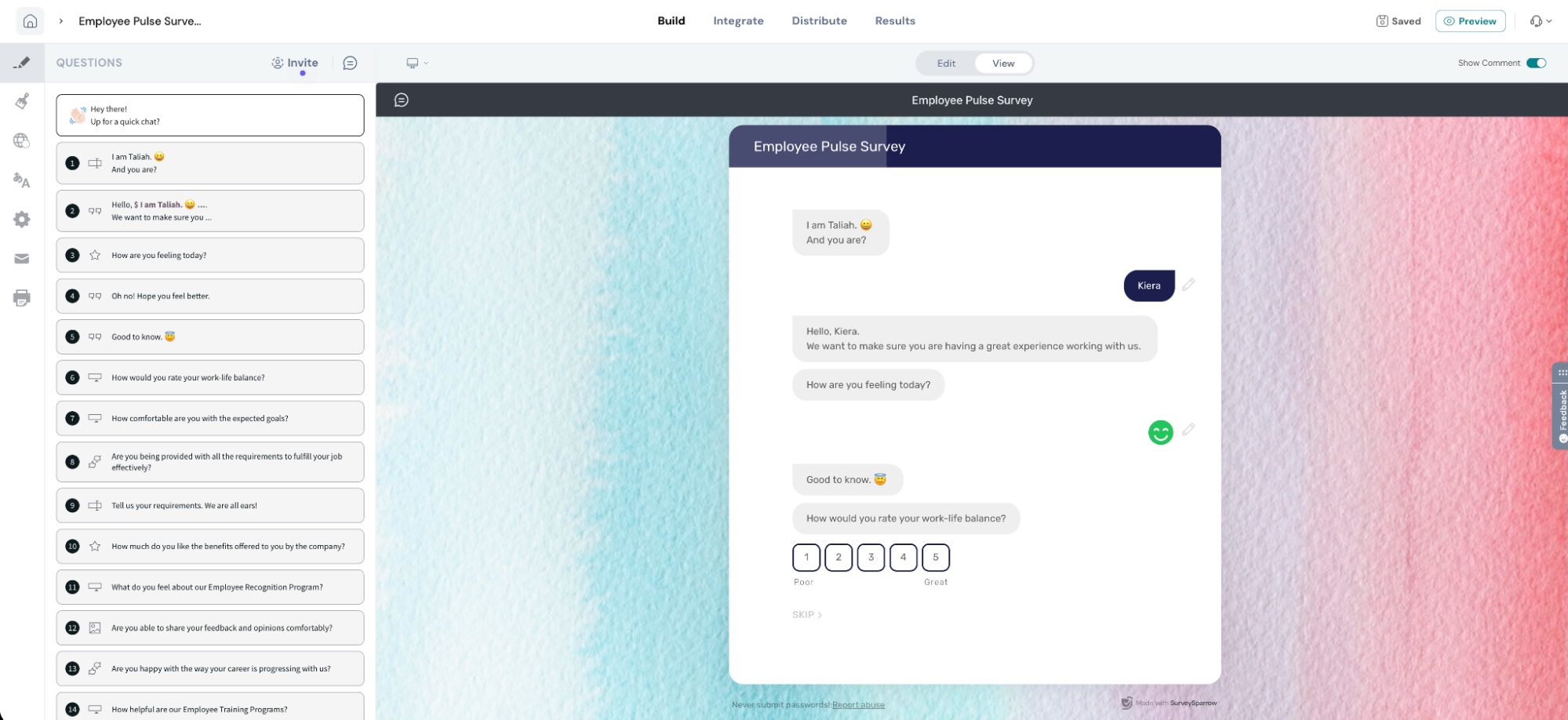 SurveySparrow, our pick for the best survey app for chatbot style surveys