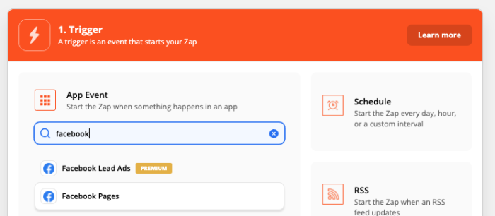 Setting up a trigger step in the Zapier editor. "Facebook" is typed in the input field and "Facebook Pages" is highlighted below in the feedback section.
