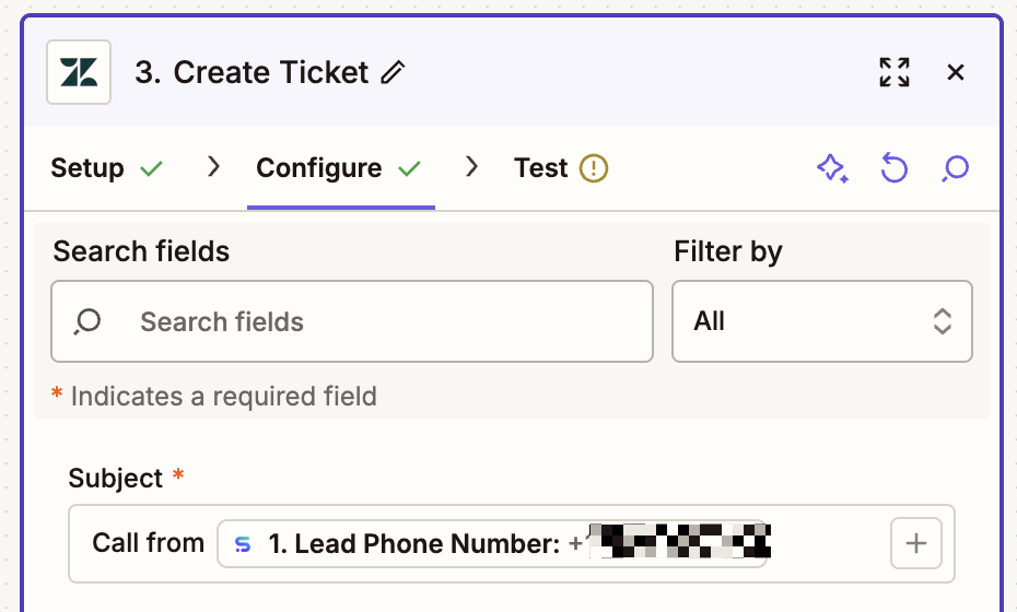 The Configure tab in the Zendesk action step