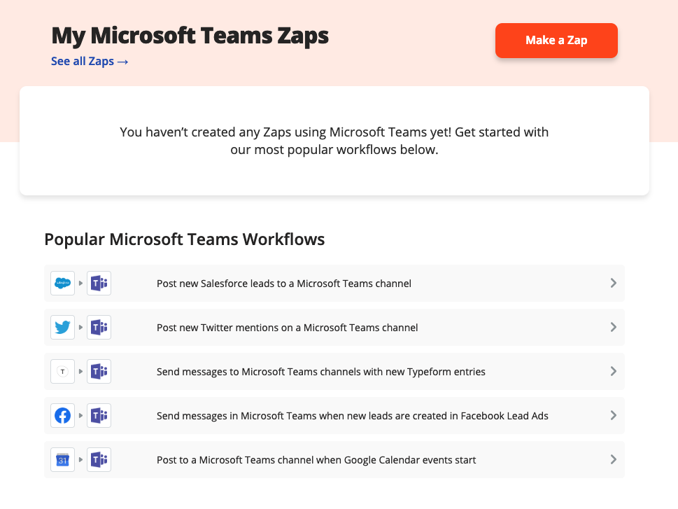 A screenshot of the Zapier app homepage within Microsoft teams.