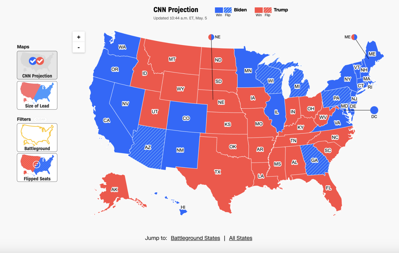 A choropleth map of the 2020 U.S. election results