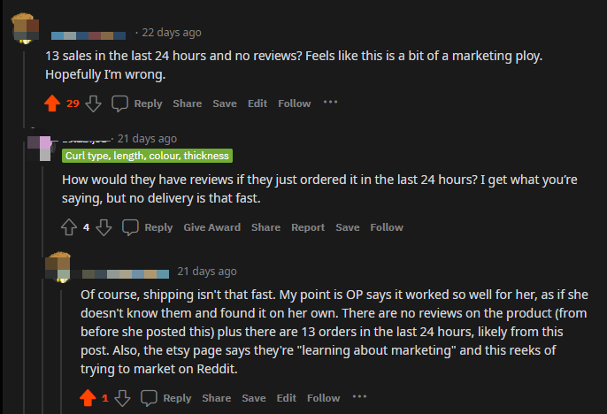 A screenshot of the comments on the post, offering skeptical commentary on whether or not it's marketing
