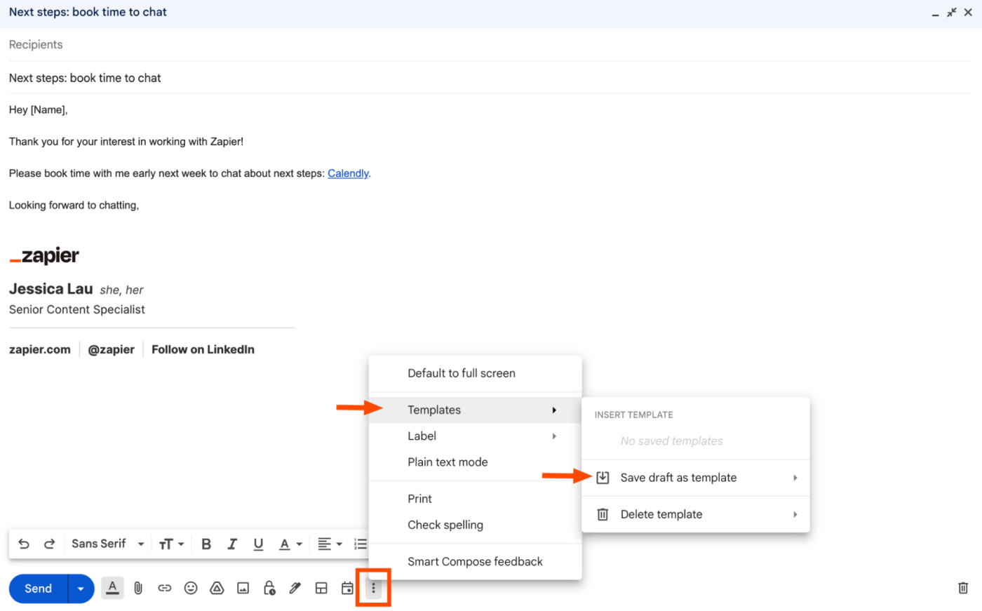 Gmail message template in a new message window with arrows pointing to the steps to save the draft as a template. 