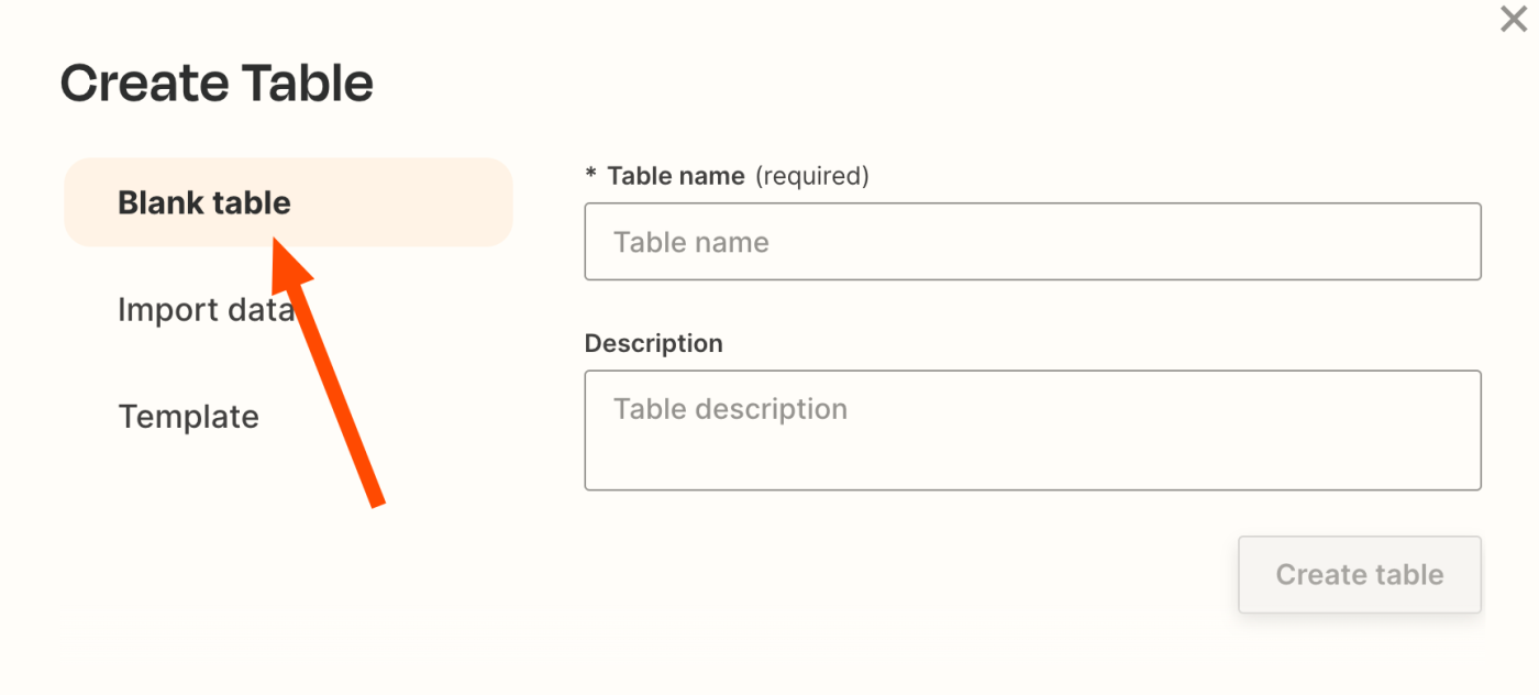 Screenshot of blank table