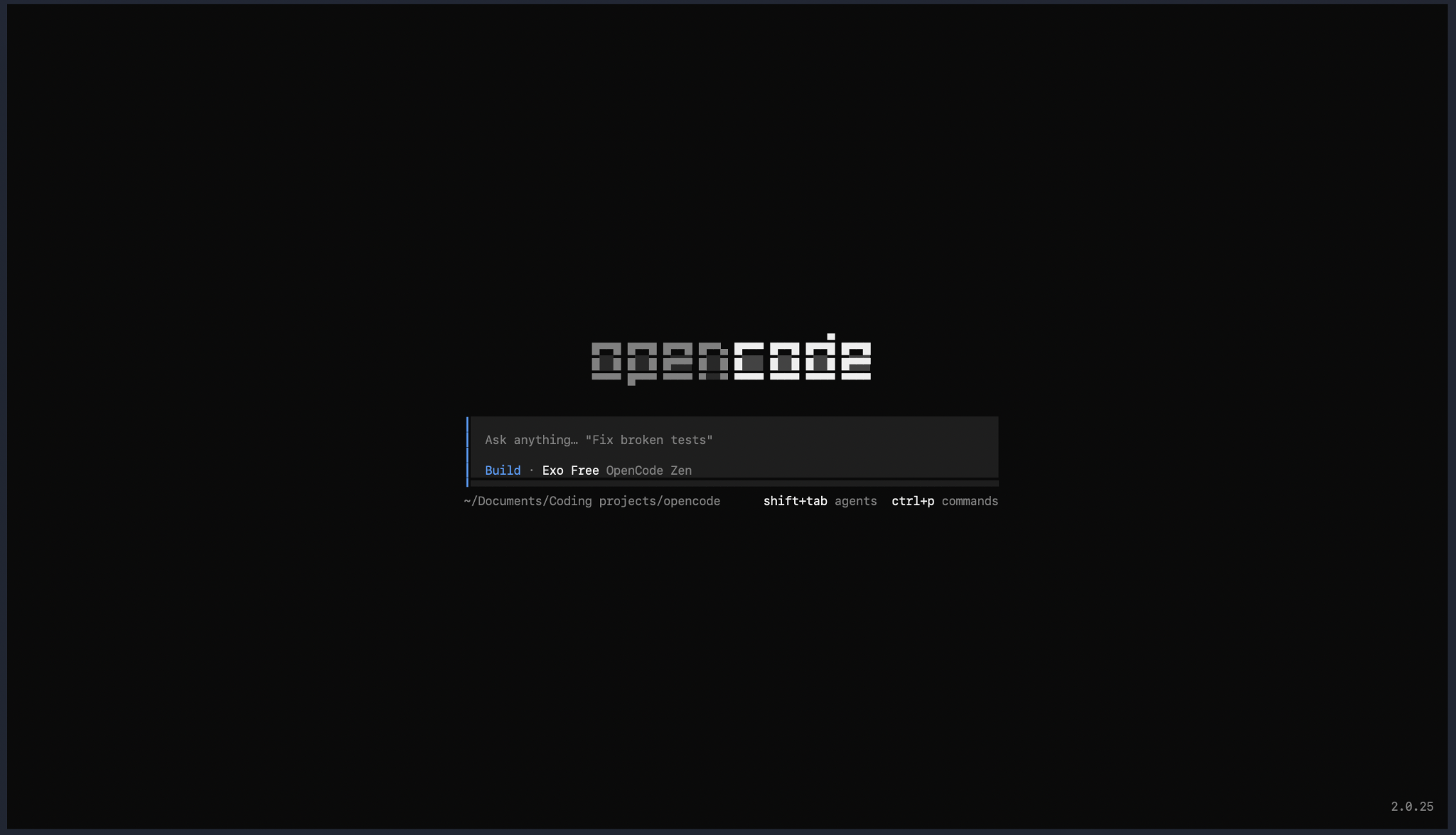 OpenCode terminal home screen showing the opencode logo, a prompt box with the Exo Free model selected, and version 2.0.25