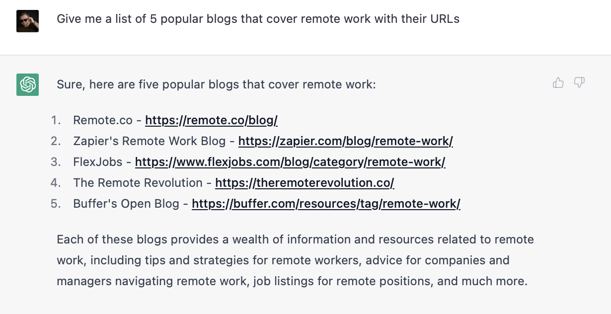 ChatGPT results for 5 popular blogs that cover remote work