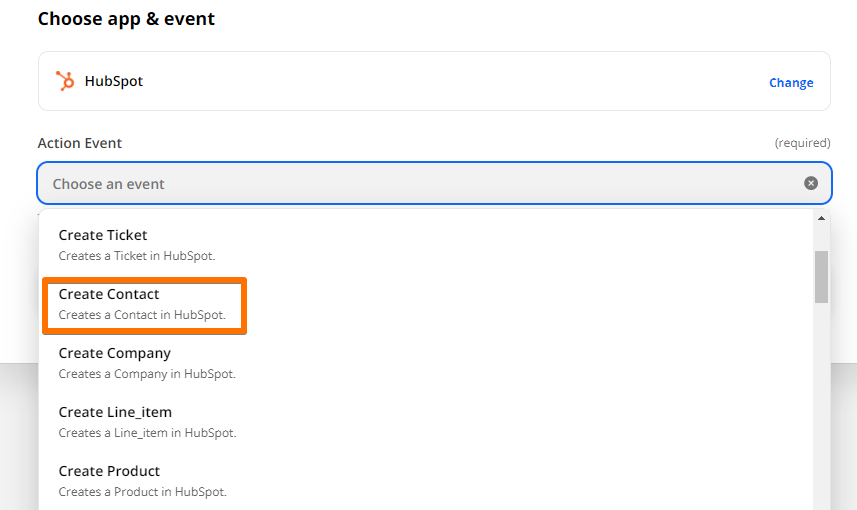 An orange box around "Create Contact" in a dropdown menu under "Action Event".