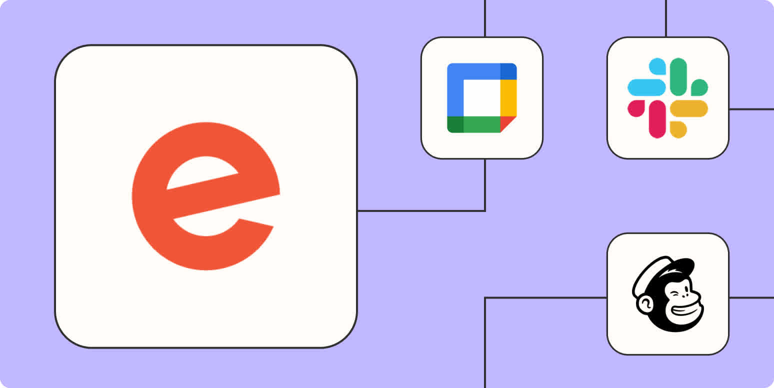 The Eventbrite logo connected to other apps against a lavender background.