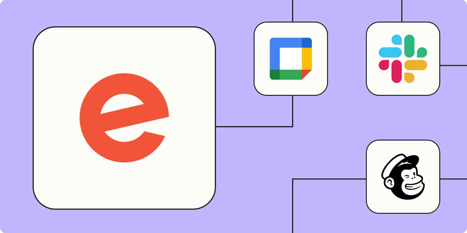 The Eventbrite logo connected to other apps against a lavender background.