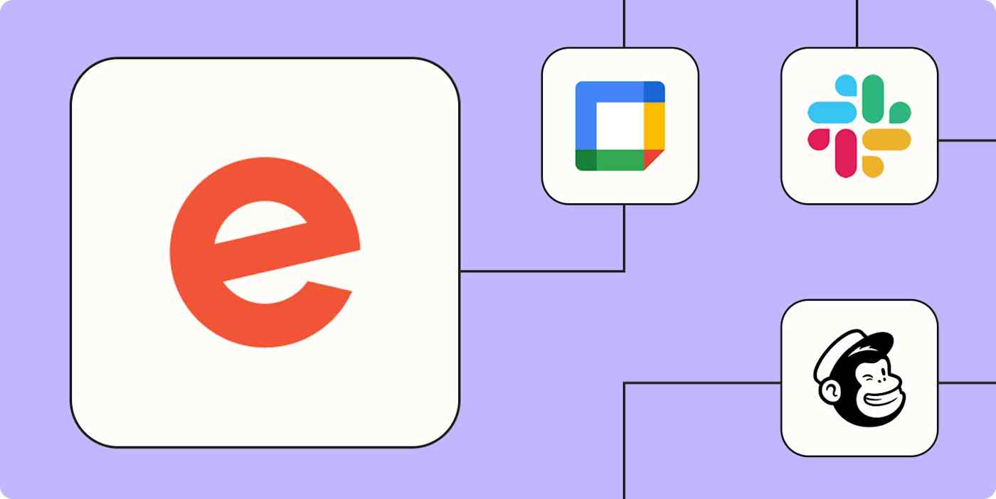 The Eventbrite logo connected to other apps against a lavender background.