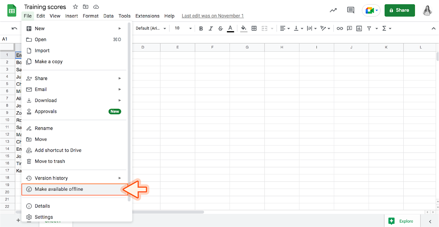 Screenshot of Google Sheets drop-down menu with arrow pointing to "Make available offline" button. 