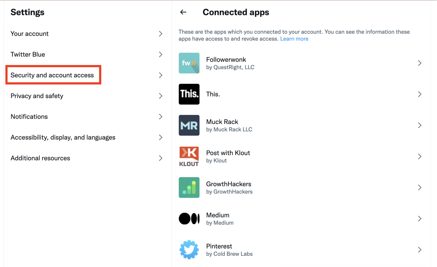 A screenshot of the Settings page for Twitter, showing the Connected Apps=