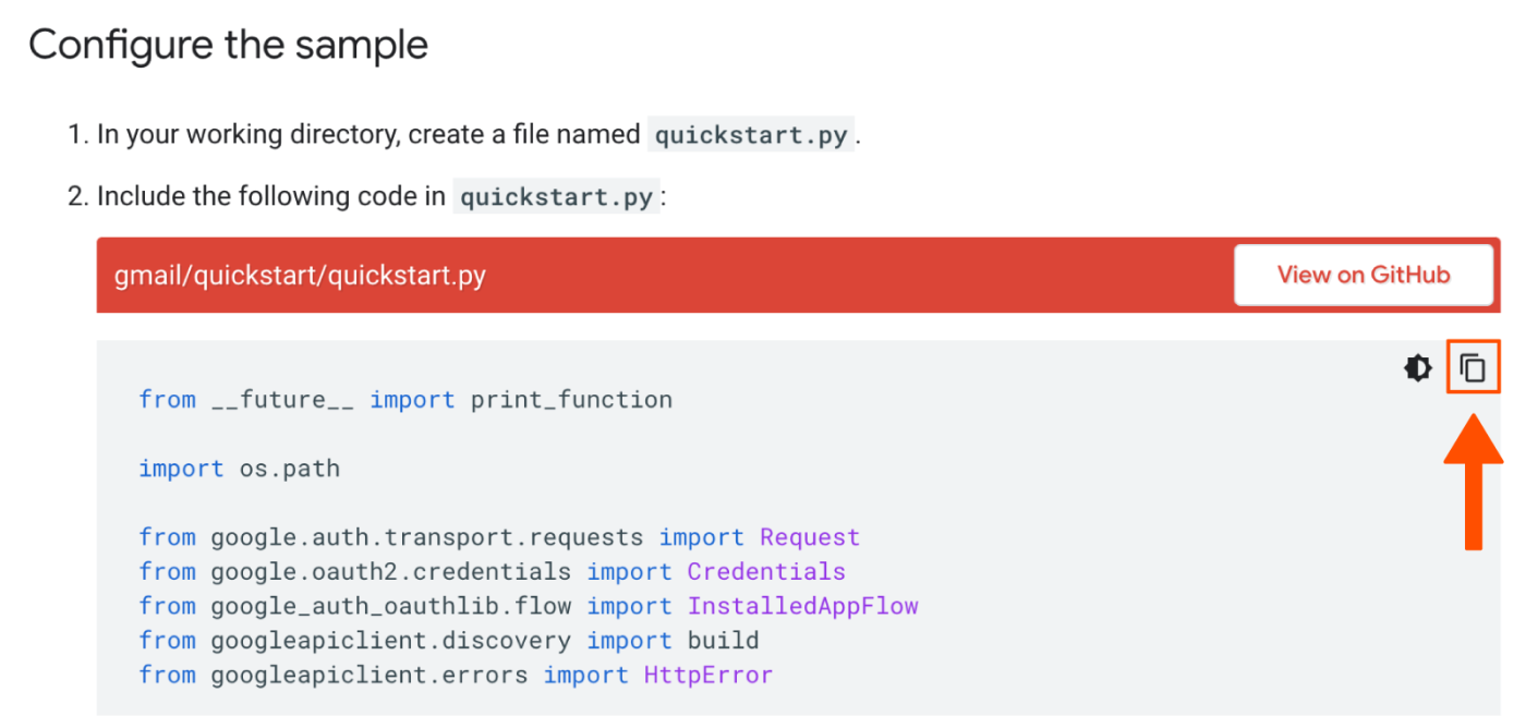 Screenshot showing where to copy the sample code in Gmail's API documenation.